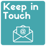A teal square with white text saying Keep in Touch above a white outline of an open envelope containing a paper with an @ symbol.