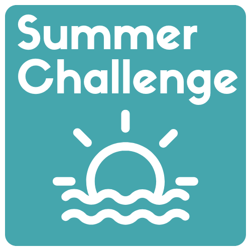 White text Summer Challenge above a simple white sun rising over waves icon on a teal background.
