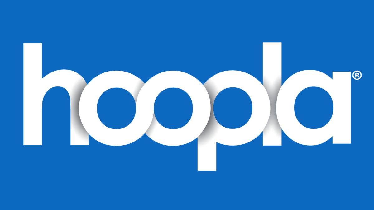 The image shows the word hoopla in bold white lowercase letters on a blue background. The font is modern and rounded, with soft shadows behind the letters.