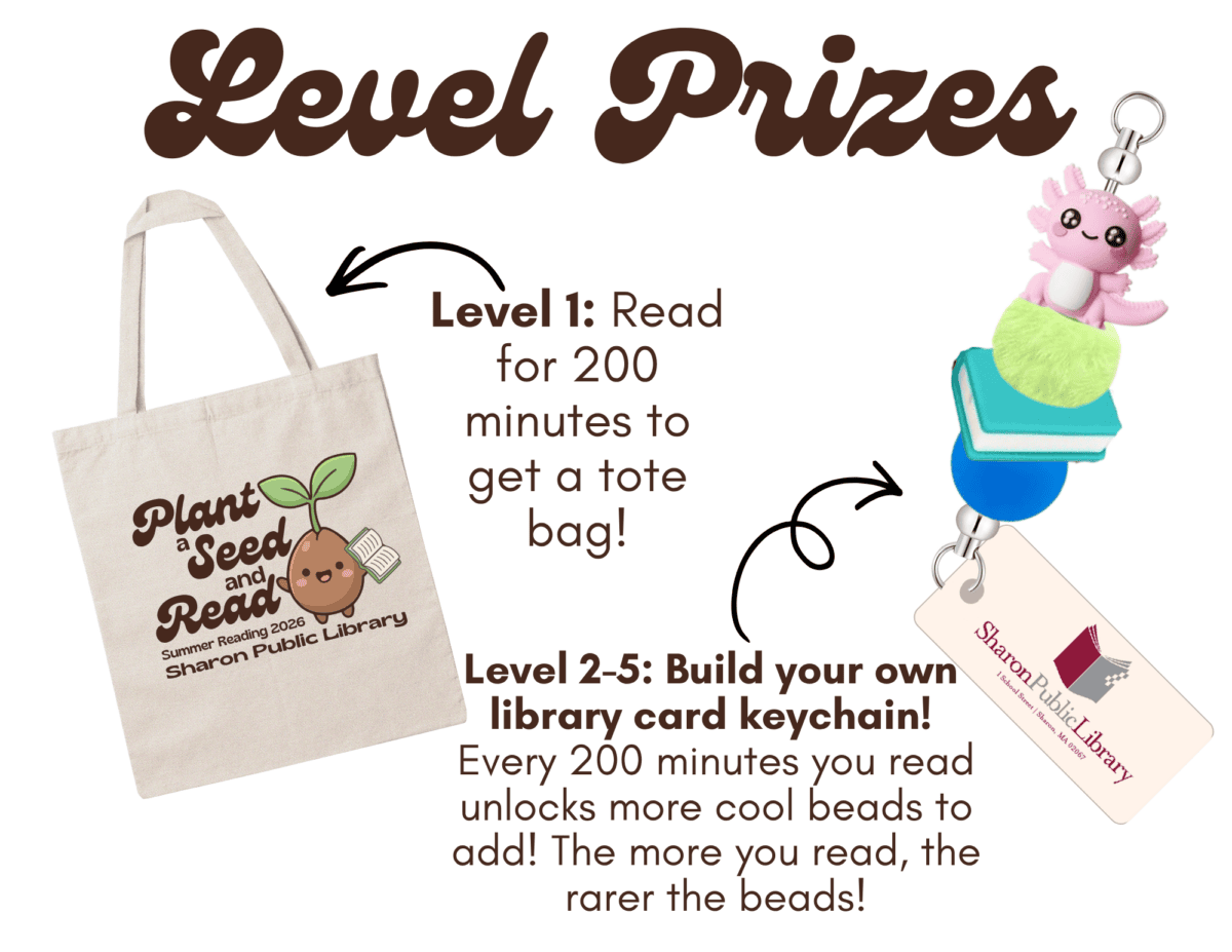 Level Prizes Level one is a tote bag with cartoon seed on it. Levels 2-5 build your own library card keychain