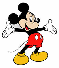 A cartoon mouse with big round ears, red shorts, yellow shoes, and white gloves stands smiling with arms open wide.