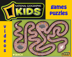 Screenshot of a National Geographic Kids page featuring a maze game; words games, puzzles, and videos appear on a bright yellow and blue background.