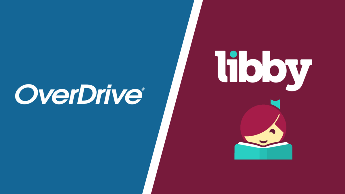 Split image: left side with a blue background and the white OverDrive logo; right side with a burgundy background, the white Libby logo, and a cartoon girl reading a book.