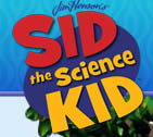 Colorful Sid the Science Kid logo with large red, yellow, and purple text on a patterned blue background, featuring the Jim Henson signature at the top.