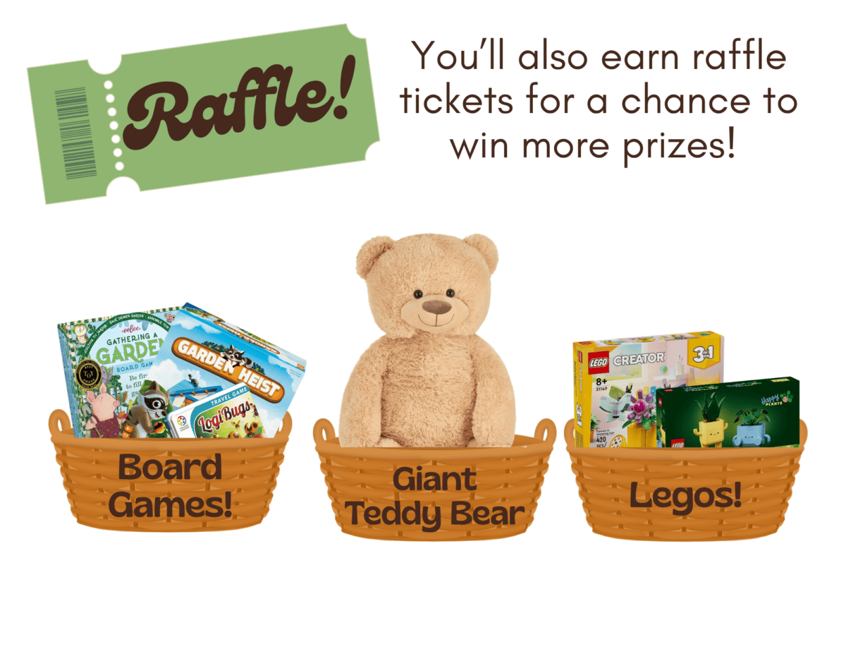 Raffle prizes- three raffle baskets one with board games, one with a giant teddy bear, and one with legos