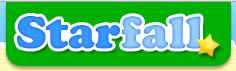 The word Starfall in blue and white bubbly letters on a green background, with a small yellow star near the bottom right corner of the text.
